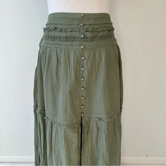 Aerie NWT Green Cotton Gauzy Tiered Skirt Smocked Waist Long Front Slit, size L - Picture 2 of 16